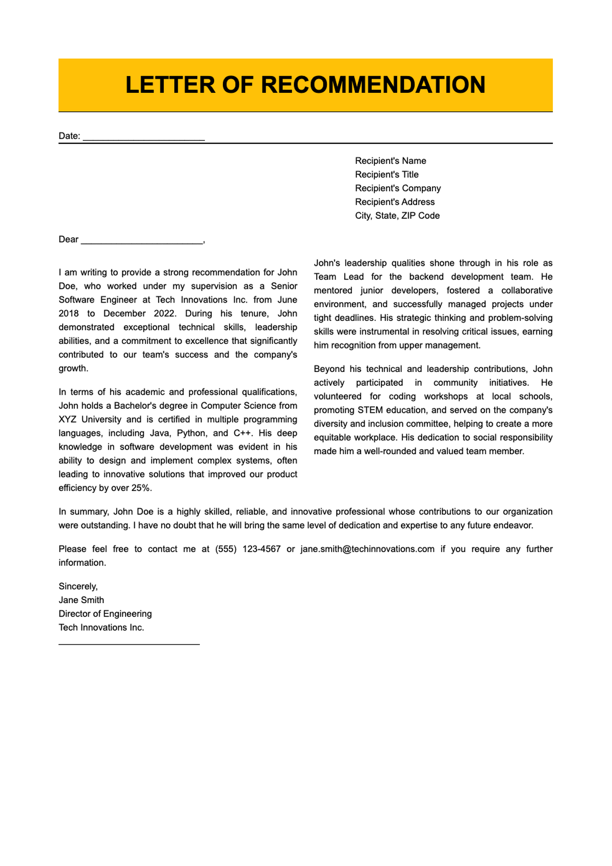 Fillable letter of recommendation template with orange header_variant_1